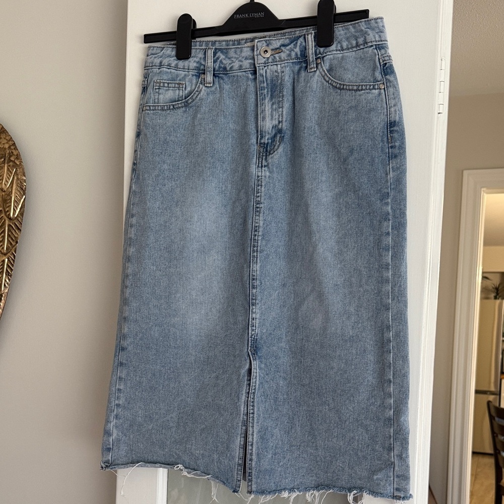 CHARLIE B Light Blue Denim Midi Skirt with Center Slit